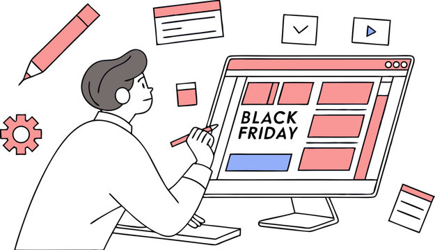 Person using a computer to design and plan for black friday sales and promotions with graphic design elements scattered around