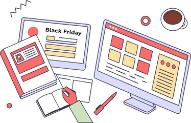 Fototapete - Modern flat illustration of a desk setup with computers displaying black friday sales and a book representing online shopping and research for deals