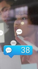 Poster - Animation of media icons over diverse colleagues taking notes in office