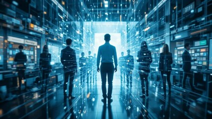 Computer vision with human silhouettes and digital overlays. 4k video