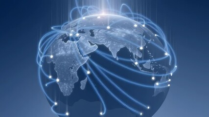 Poster - Animation. Digital globe with glowing connections and lines representing global communication, technology, and networking, illustrating interconnectedness across continents and oceans
