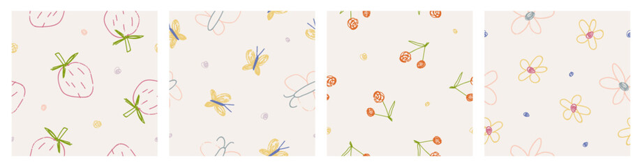Wall Mural - kids drawings, seamless patterns set. hand-drawn childlike doodles, scribbles, sketches, endless bac