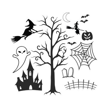 Halloween horizontal banner with vector logo. The inscription with ominous tree branches, bats and a pretty witch on a background of the full moon.