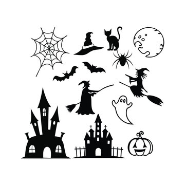 Halloween horizontal banner with vector logo. The inscription with ominous tree branches, bats and a pretty witch on a background of the full moon.