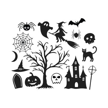 Halloween horizontal banner with vector logo. The inscription with ominous tree branches, bats and a pretty witch on a background of the full moon.