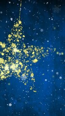 Poster - Golden star made of particles with falling snowflakes animation on blue background