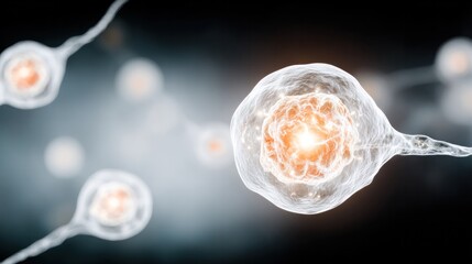 Poster - Cellular Marvel: A mesmerizing glimpse into the microscopic world, revealing the intricate beauty of biological cells with radiant, luminous centers against a blurred, ethereal backdrop. 