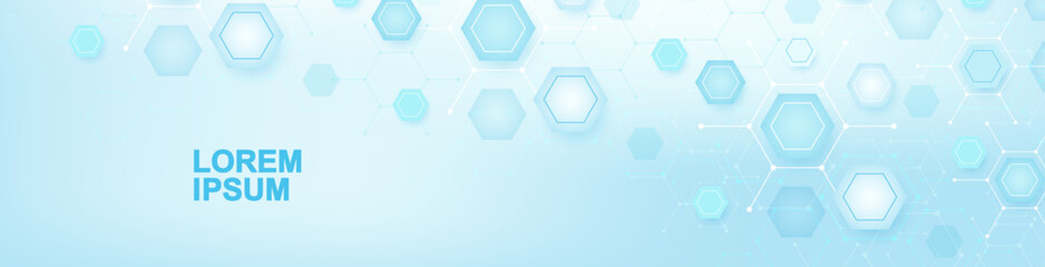 Poster - Health care or medical abstract background with hexagons, lines and dots. Scientific innovation banner template concept. Biology and pharmaceutical technology background. Vector illustration.