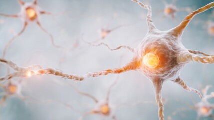 Poster - Neural Network Firing: Microscopic view of a neural network firing, showcasing the intricate connections and communication between neurons. The image depicts the complex beauty of the human brain.