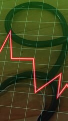 Poster - Red line graph animation over stethoscope and notebook on wooden desk