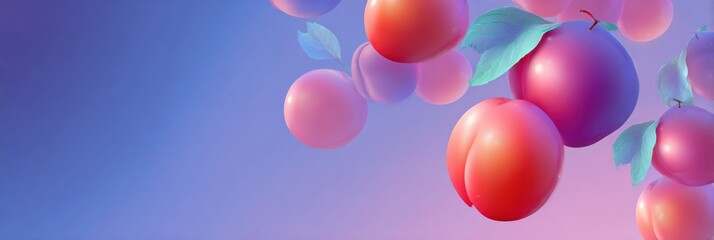 Poster - Various Plums Gracefully Hover Against a Vibrant Gradient Background With a Glowing Effect Creating an Enchanting Visual Display