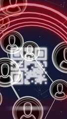 Poster - Animation of network of profile icons and qr code scanner against dots pattern on blue background