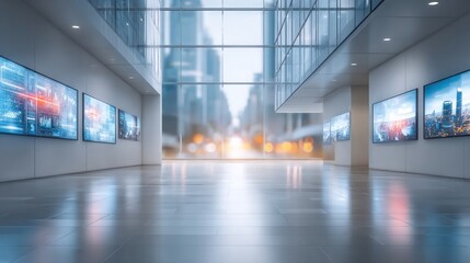 Poster - Modern Exhibition: A contemporary exhibition space within a sleek, modern building, showcasing captivating displays that reflect innovation and urban energy. Reflective flooring, large windows.