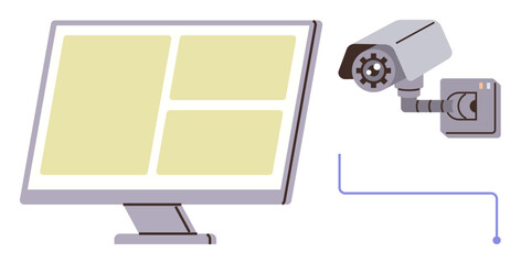 Poster - Monitor displays live feed connected to security camera. Ideal for safety, monitoring, technology, data security, surveillance, smart systems, and control. Simple flat metaphor