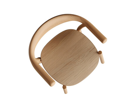 Top view of an oak dining chair with curved arms, white background, high-resolution photography, product design photo shoot, ultra-realistic, highly detailed.