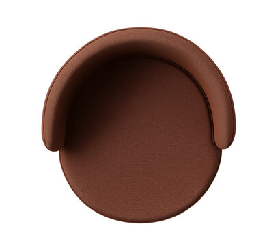 Top view of a brown felt, round-shaped chair with armrests and rounded edges, set against a white background