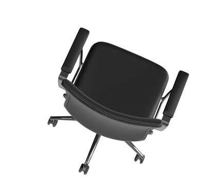 The back of an office chair with black leather and chrome legs, seen from above, white background,