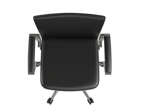 The back of an office chair with black leather and chrome legs, seen from above, white background,