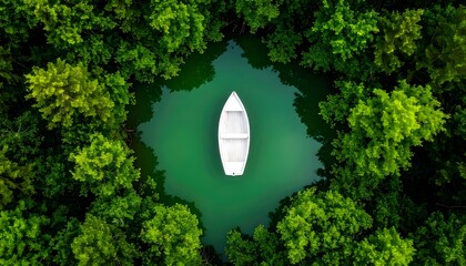 Poster - _Aerial View of a White Rowboat on a Vibrant Green Lake Surrounded by Lush Green .