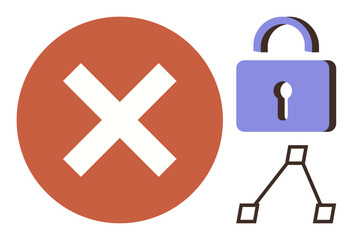 Poster - Red X symbol, blue padlock, and network nodes connecting. Represents security errors, system access denial, or data protection. Ideal for cybersecurity, error reporting, network security system