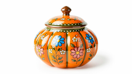 A decorative ceramic lidded jar with a pumpkin shape, painted in vibrant orange with a floral design