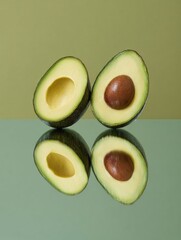 Poster - Mirrored Design Featuring Avocado Halves on a Clean Surface With Soft Background Colors