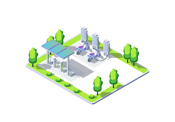 Poster - Cartoon Color Charge Station for Scooter Electric City Transportation Concept 3d Isometric View. Vector illustration of Charging