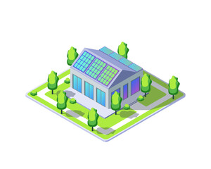 Poster - Cartoon Color House Building with Solar Panels Installation on Roof Electric City Transportation Concept 3d Isometric View. Vector illustration