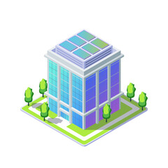 Poster - Cartoon Color Office Building with Solar Panels Electric City Transportation Concept 3d Isometric View. Vector illustration