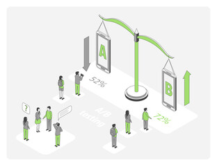 Poster - Cartoon Color AB Testing with Weight Scale Growth Marketing Concept 3d Isometric View Line Elements. Vector illustration