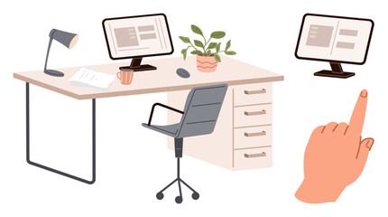 Poster - Desk setup with chair, computers, lamp, plant, coffee mug, and a hand pointing at a screen. Ideal for work-from-home, technology, productivity organization digital tasks communication simple flat