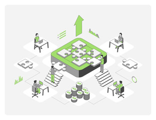 Poster - Cartoon Color Team Growth Marketing Concept 3d Isometric View Line Elements. Vector illustration of Teamwork Opportunity