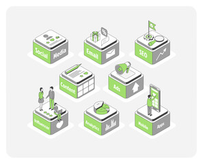 Poster - Cartoon Color Tools Growth Marketing Concept 3d Isometric View Line Elements. Vector illustration of Social Media and Content