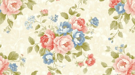  Delicate floral print with roses and small blossoms.