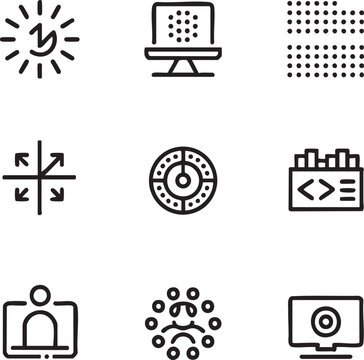 Black and white hand drawn icon set featuring technology and abstract symbols computer data