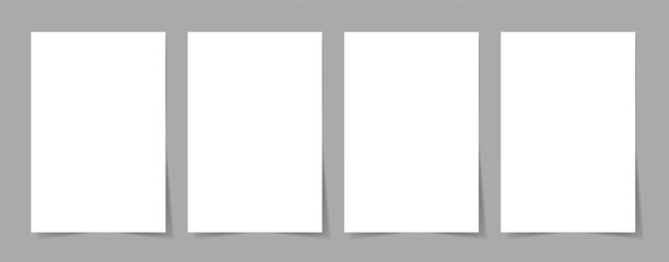 Poster - Blank A4 paper sheet. White blank vertical rectangle pages with realistic wall drop shadows. Poster and picture mockup, notepaper, letter piece template. Vector isolated set.