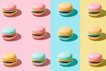 Aufkleber - Pastel burger silhouette abstract pattern top view colorful background pop art style playful mood creative food concept minimal design repeated layout