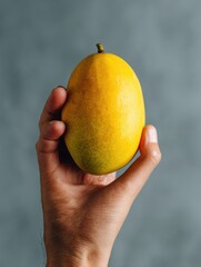 Poster - Hand Holding a Ripe Mango Against a Simple Monochrome Background Showcasing Vibrant Color and Texture in Natural Light