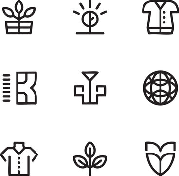 Black outline icon set featuring plant in pot light bulb globe shirt and shield vector