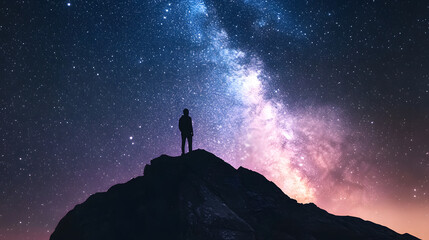 astrology: a mountain landscape under the night sky with visible galaxy and faint zodiac signs blend