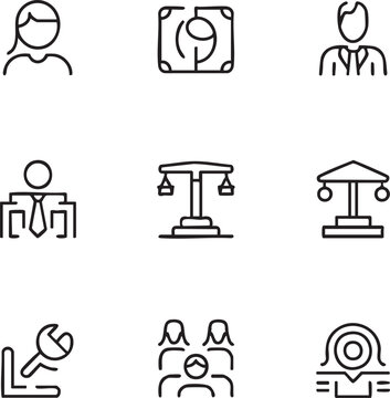 Minimalist line art icon set featuring people scales and technology vector