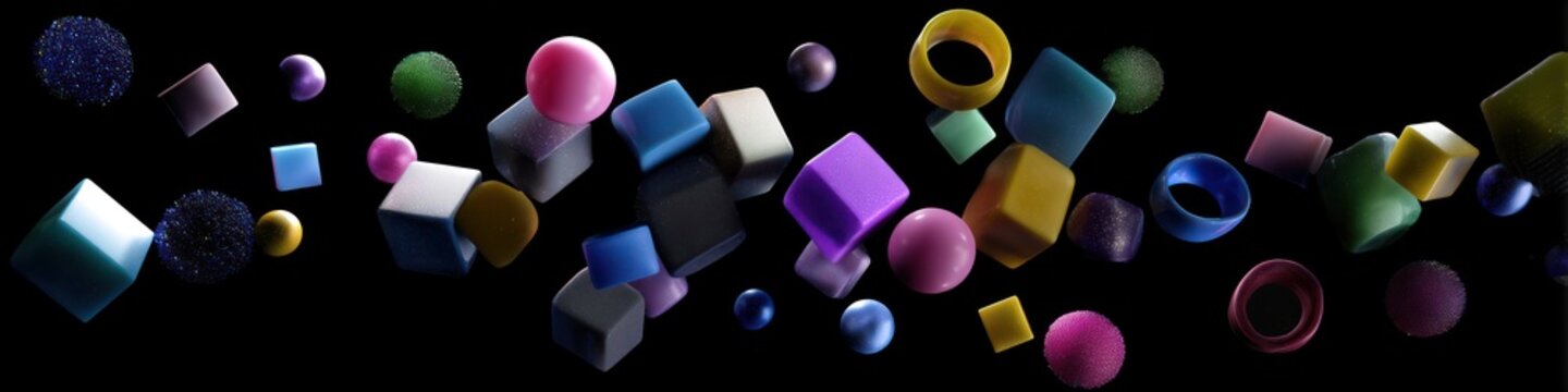 A vibrant array of colorful geometric shapes floating against a stark black background in a dynamic composition