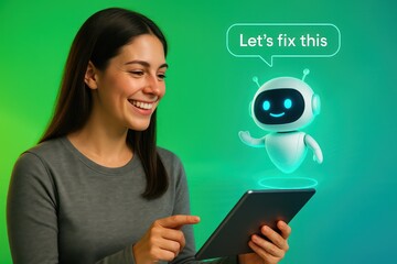 Poster - A friendly white chatbot hovers beside a tablet held by a smiling woman, proposing 