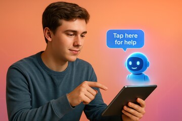 Poster - Young man using tablet, digital assistance, chatbot help, online support, tech, digital device,  customer support service, gradient orange wallpaper background