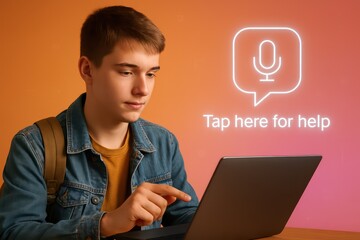 Poster - A student uses a laptop. A teenager, looking intently at the screen, is focused and engaged, interacting with an innovative virtual assistant overlay. customer support service
