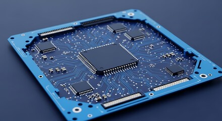 Poster - High-Resolution Close-up of a Modern Blue Circuit Board with Integrated Microchips