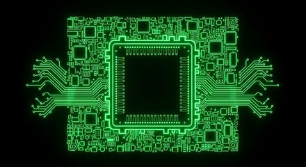 Poster - Glowing Green Circuit Board Schematic on Black Background