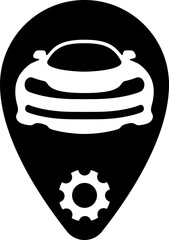 Poster - Sleek, minimalist icon featuring a car within a map pin, combined with a gear. Symbolizes automotive services, car repair location, or vehicle technology. Adaptable for app UI.
