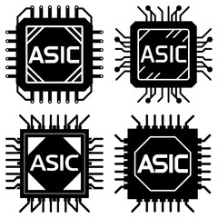 Poster - Four asic chip designs with different shapes and pin arrangements in black and white vector graphics