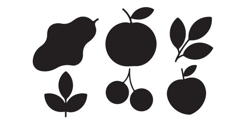 Aufkleber - A collection of fruit and leaves in black silhouette on a white background in a simple flat style